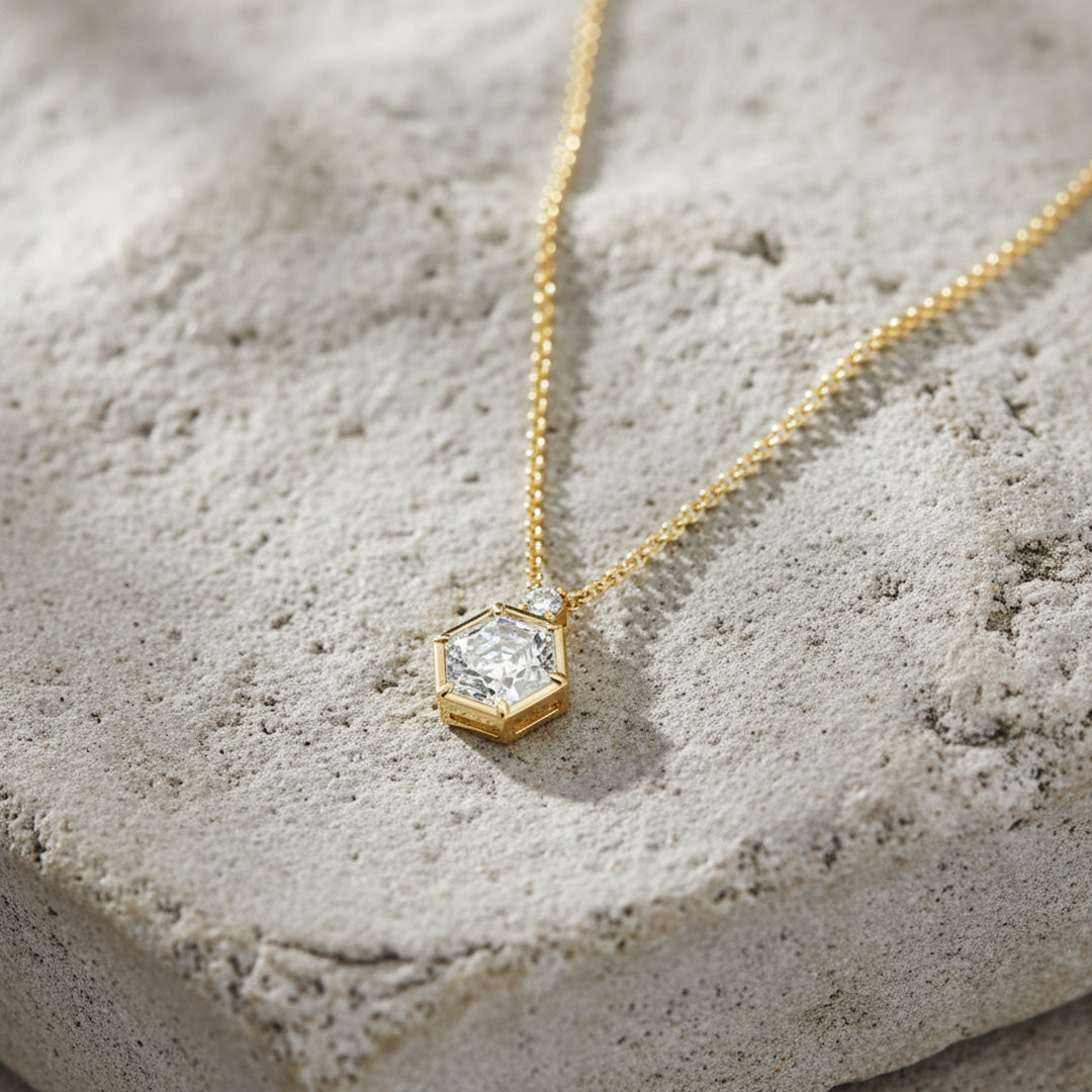Hexagon Cut 1.00ct Diamond Pendant with Round Accent