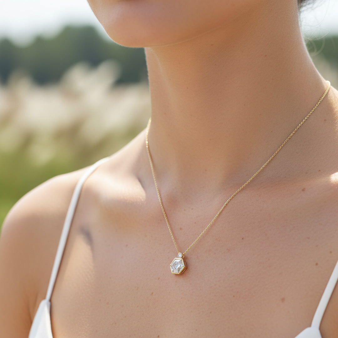 Hexagon Cut 1.00ct Diamond Pendant with Round Accent