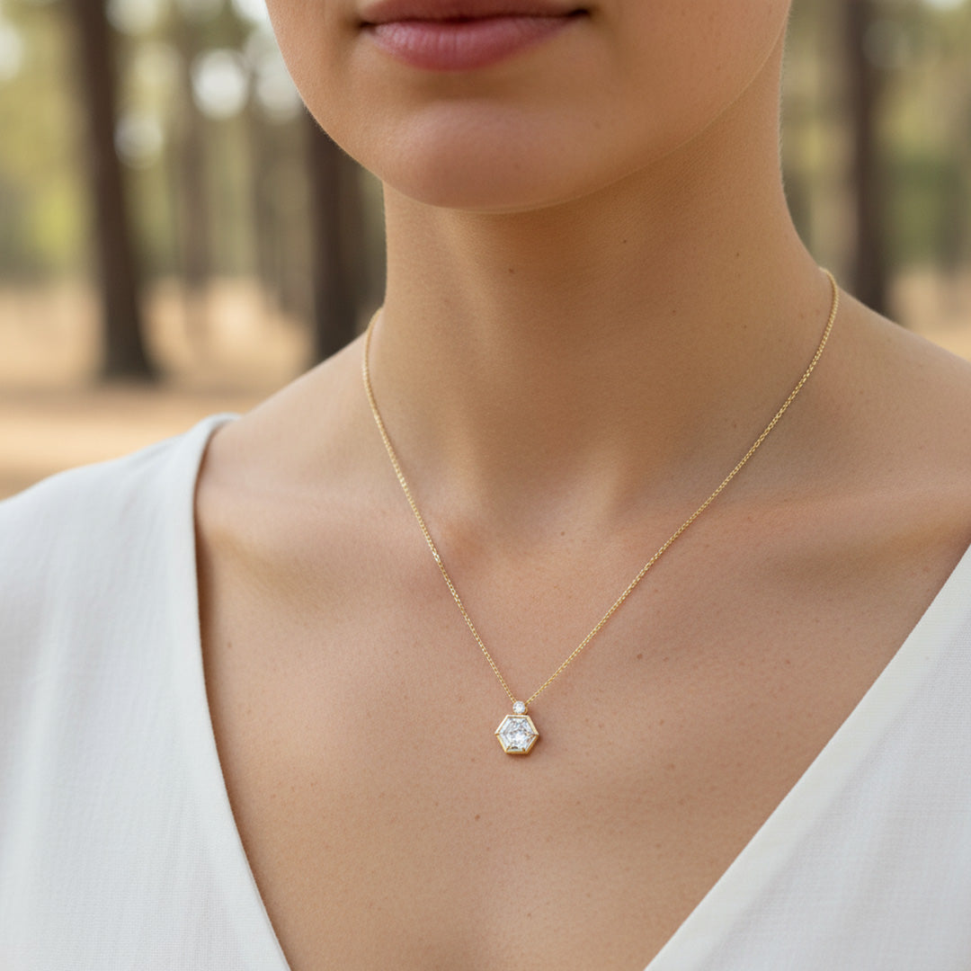 Hexagon Cut 1.00ct Diamond Pendant with Round Accent