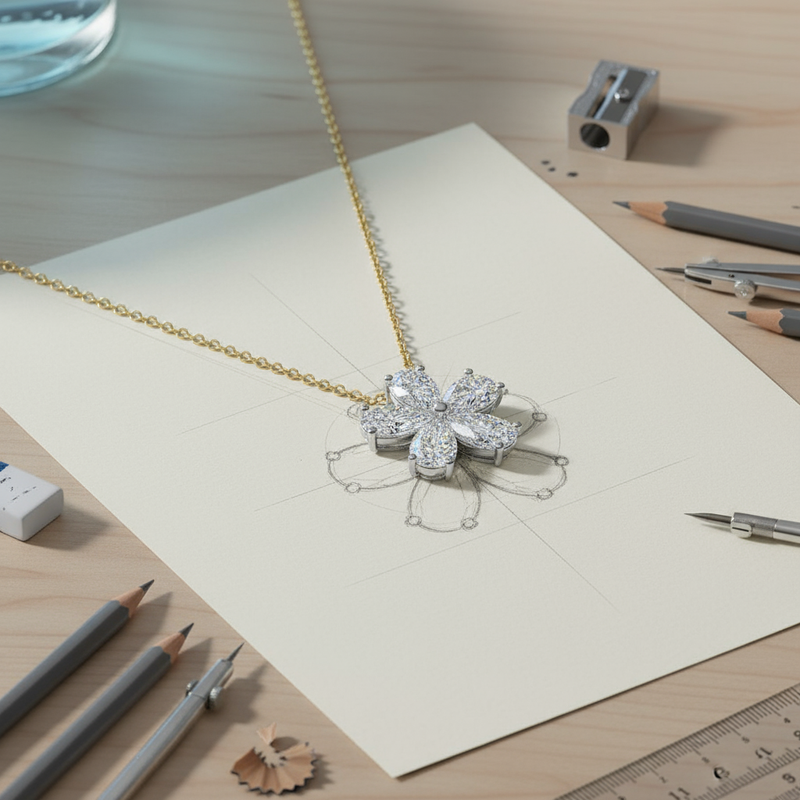 2.30ct 5 Stone Pear Shaped Flower Necklace