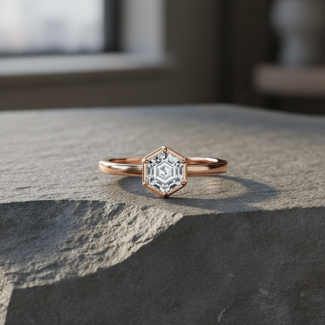 Hexagon 2.00ct Diamond Solitaire Ring with Underhalo