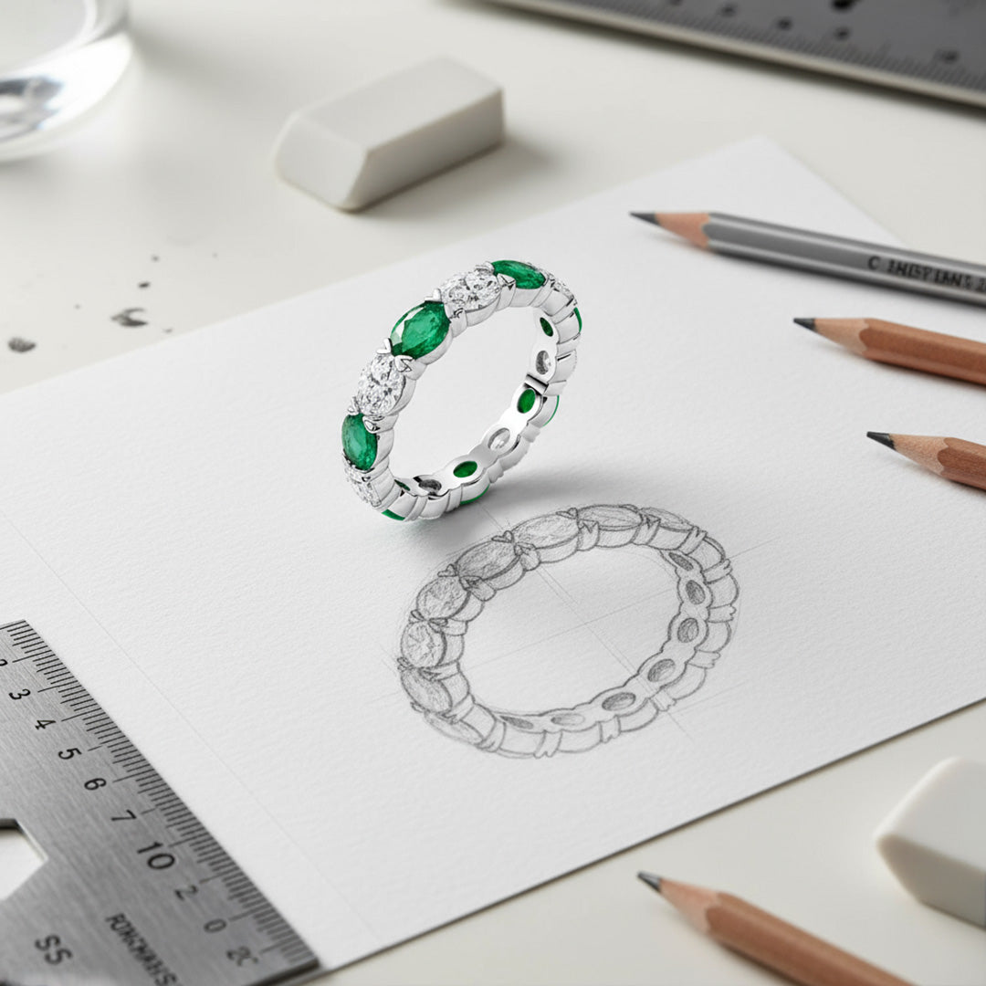 'Lily' Oval Cut Emerald and Diamond Eternity Wedding Band