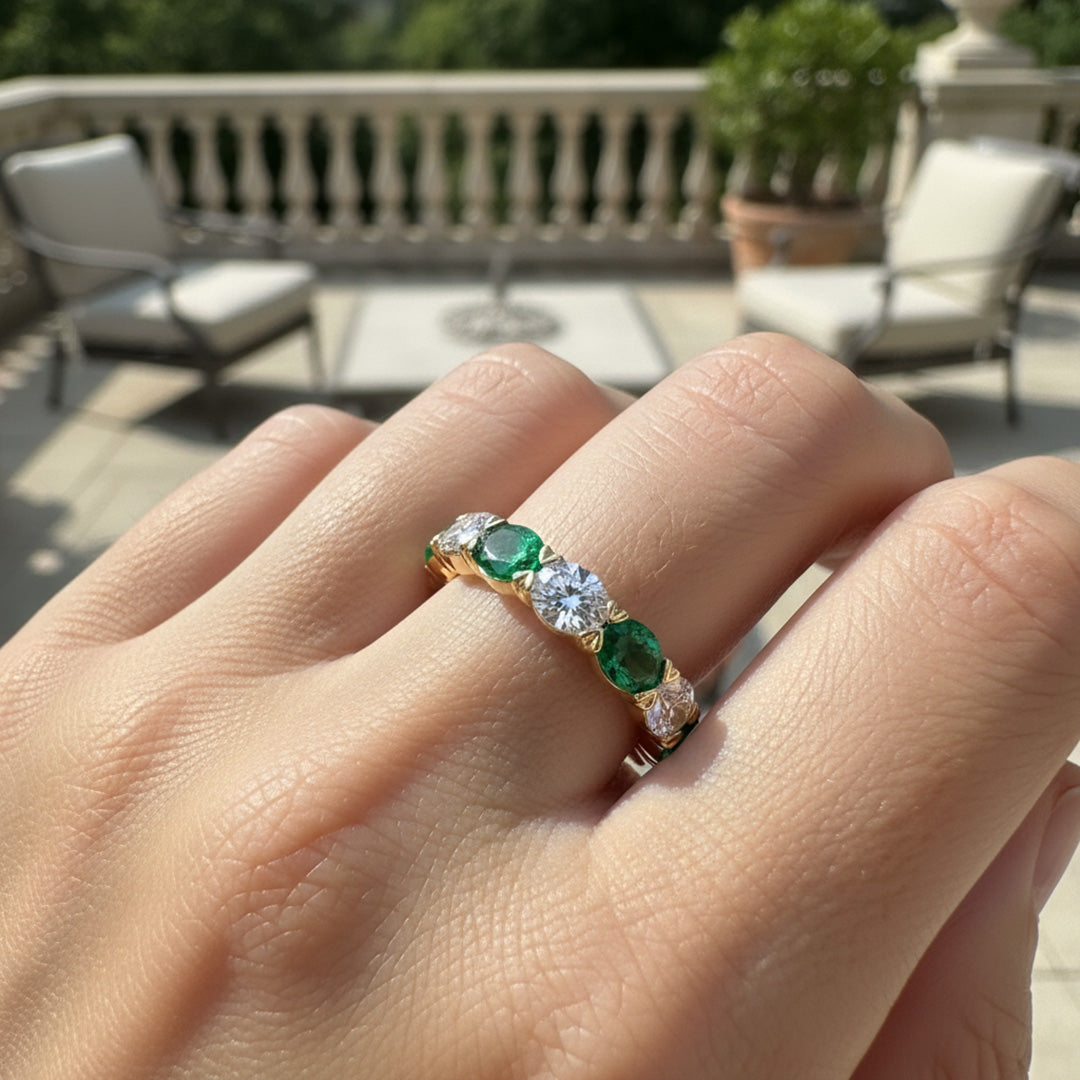 'Lily' Oval Cut Emerald and Diamond Eternity Wedding Band