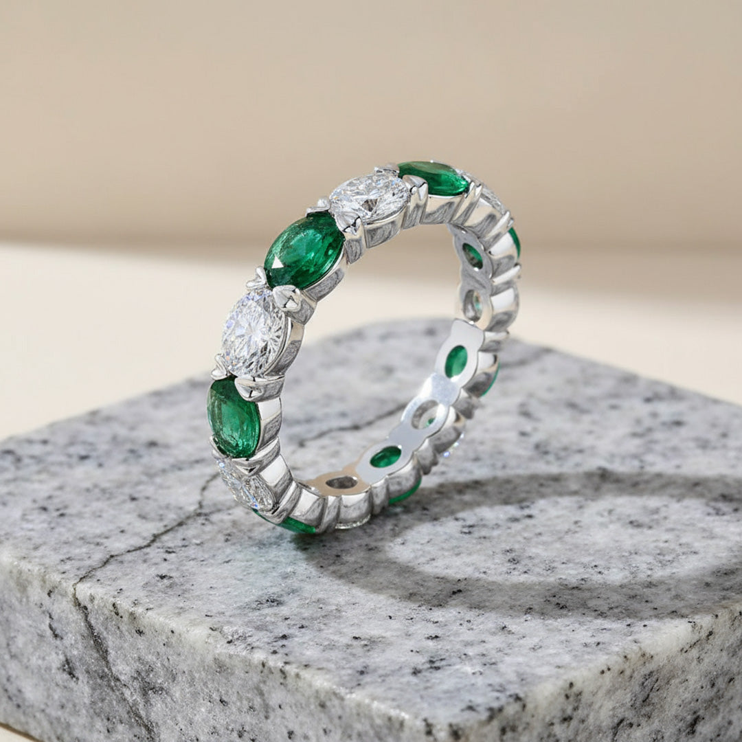 'Lily' Oval Cut Emerald and Diamond Eternity Wedding Band