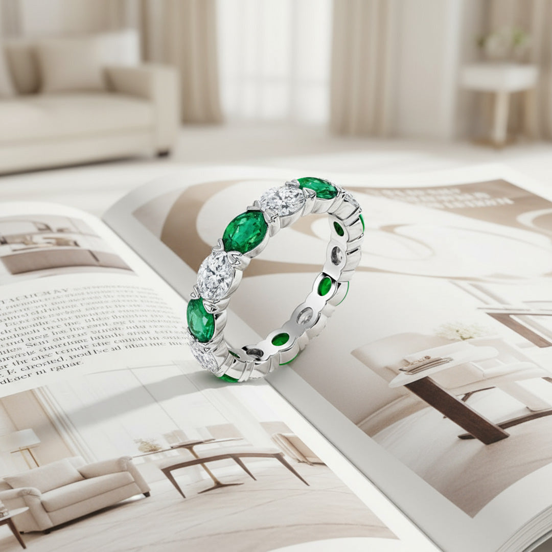 'Lily' Oval Cut Emerald and Diamond Eternity Wedding Band