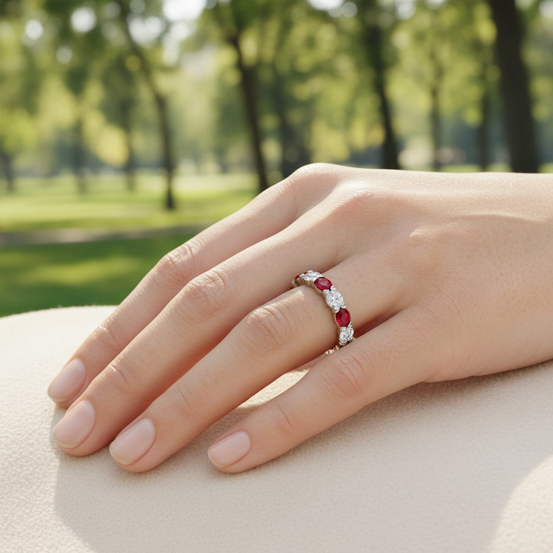 'Jasmine' Oval Cut Ruby and Diamond Eternity Wedding Band