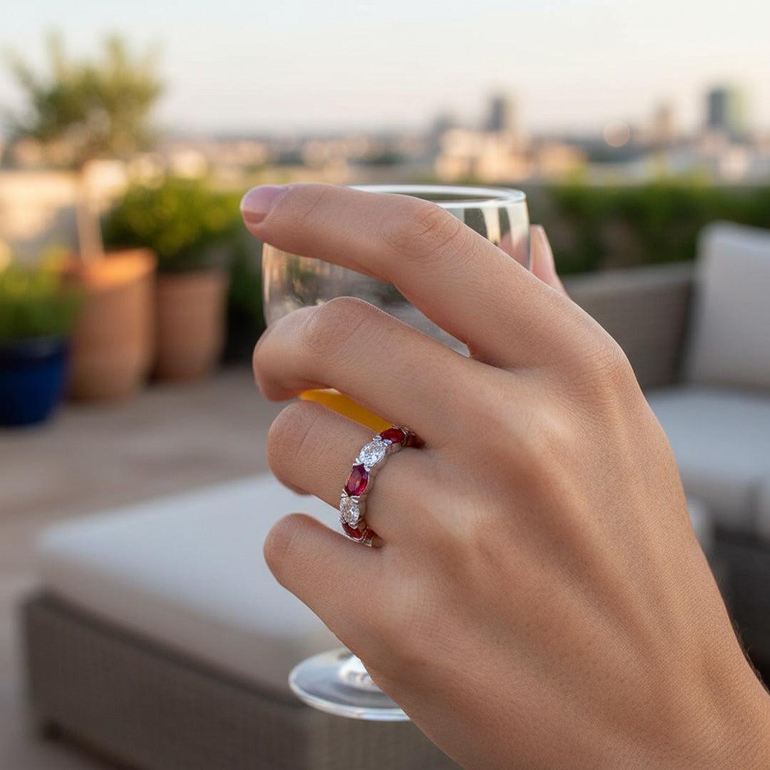 'Jasmine' Oval Cut Ruby and Diamond Eternity Wedding Band