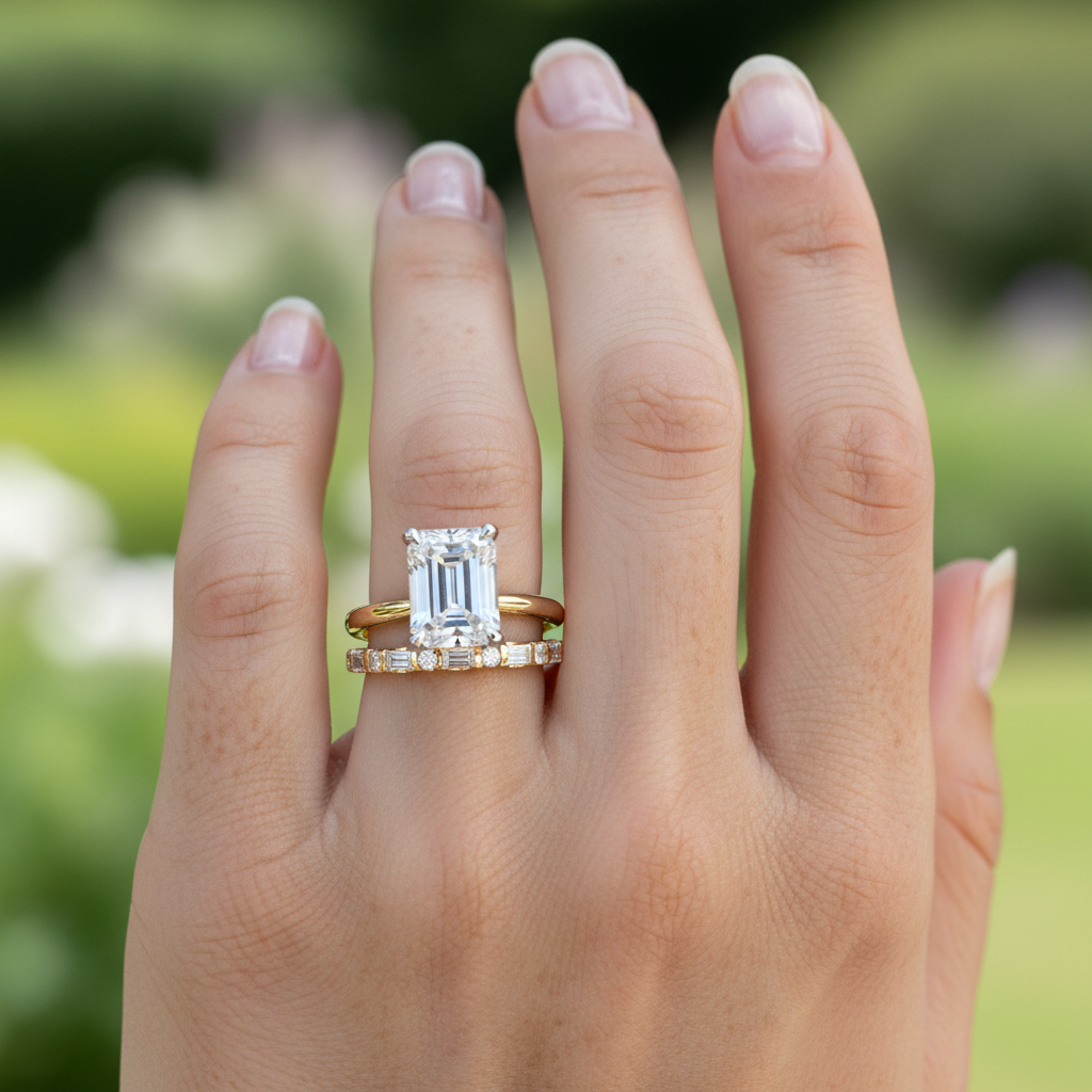 'Rosie' Emerald and Round Diamond Wedding Band