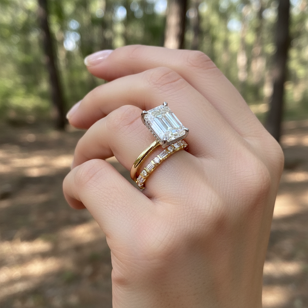 'Rosie' Emerald and Round Diamond Wedding Band