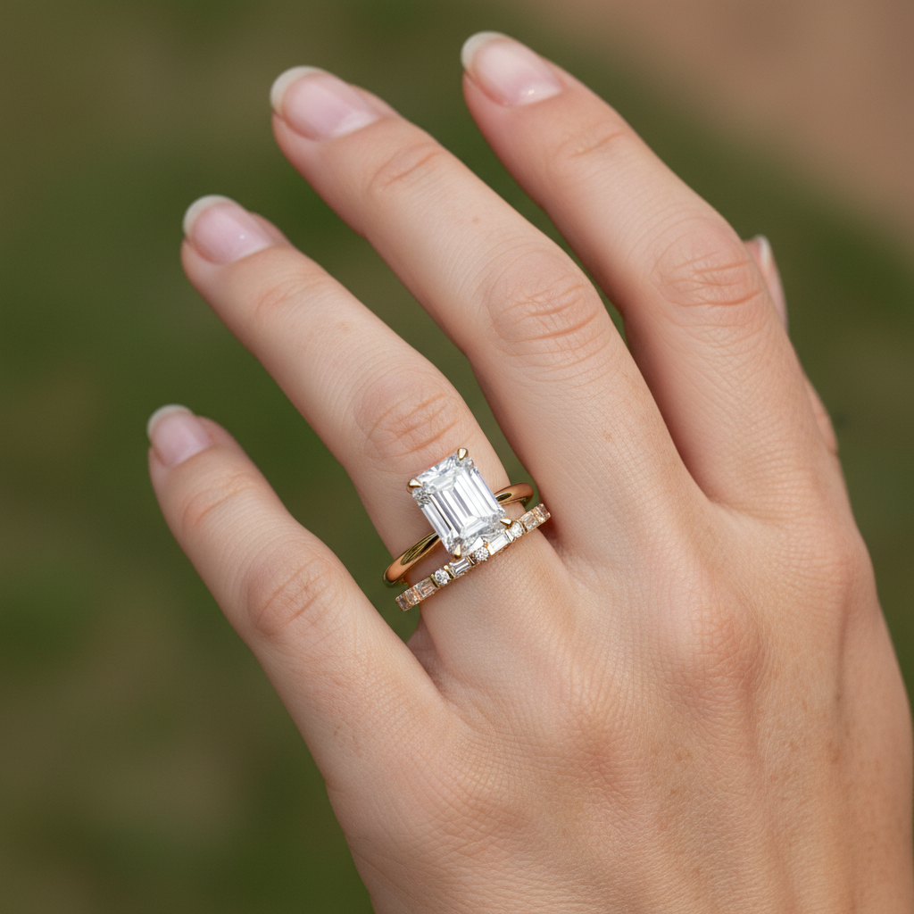 'Rosie' Emerald and Round Diamond Wedding Band