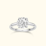 Solitaire diamond ring with a round brilliant cut stone and a polished silver band.