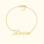 Gold bracelet with the word "Love" in a stylish, cursive font.
