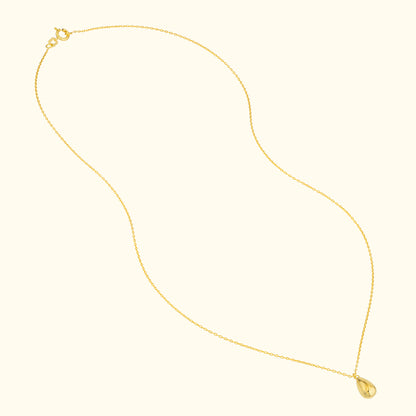 Delicate gold chain necklace with a teardrop-shaped pendant.