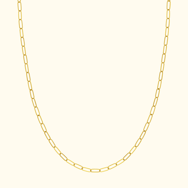 Simple gold chain necklace with elongated links against a light background.