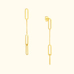 Long gold chain earrings featuring linked oval shapes for a modern look.