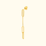 Gold chain earring with linked rectangular shapes and a flower-shaped backing.