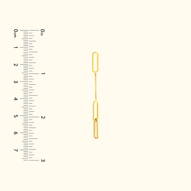 Gold link chain with two elongated paperclip-shaped pendants. Ruler for size reference.