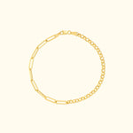 Gold bracelet featuring a mix of elongated and round links.