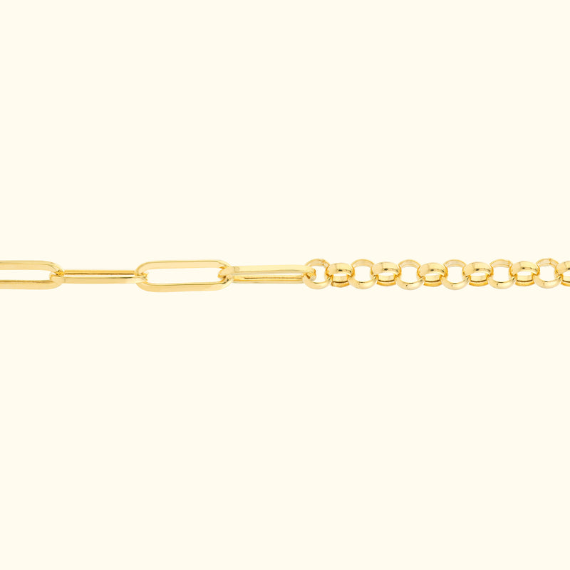 Simple gold chain featuring alternating elongated and round links.