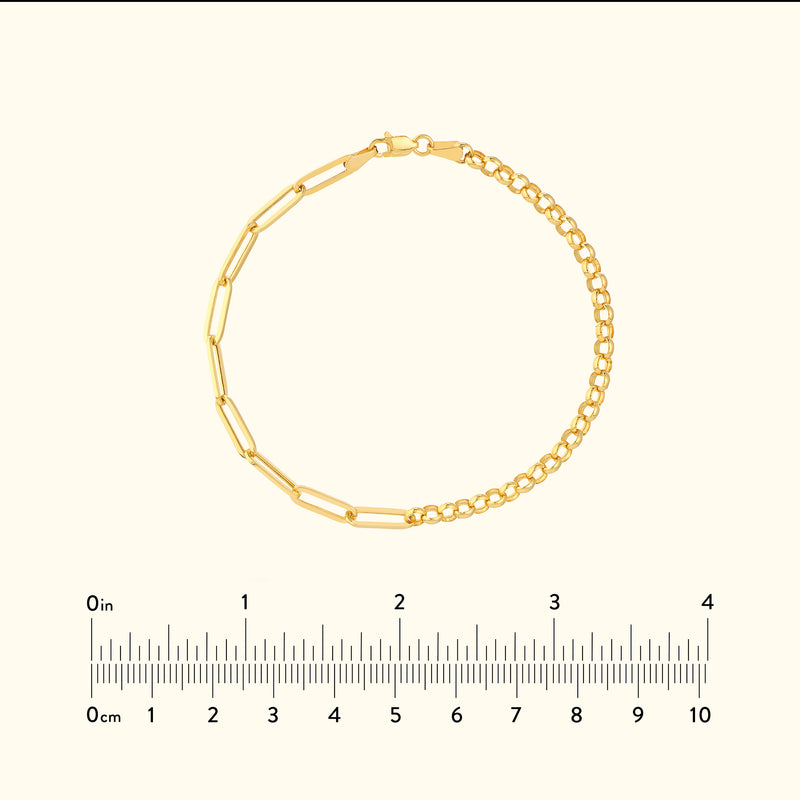 Gold chain bracelet featuring mixed link styles against a light background.