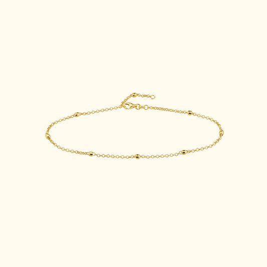 Delicate gold bracelet with small round links and an adjustable clasp.