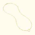 Gold chain necklace with elongated links and a round clasp.