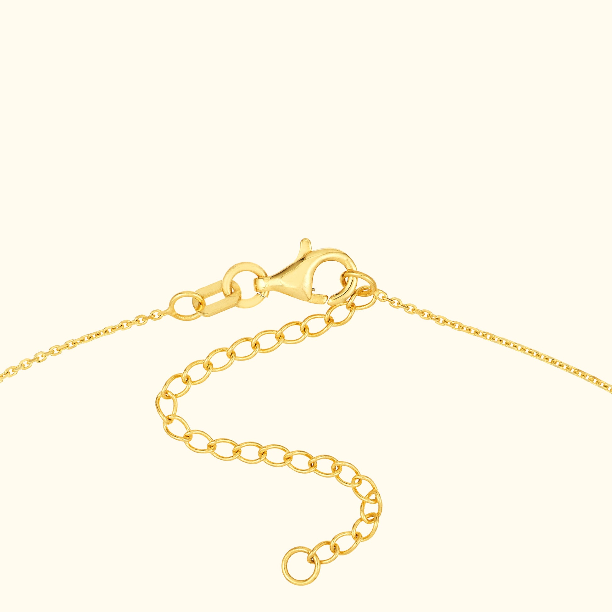 Close-up of a gold necklace clasp and adjustable chain links.