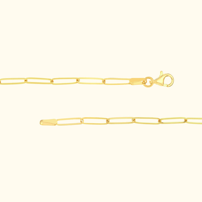 Delicate gold chain necklace with elongated links and a lobster clasp.