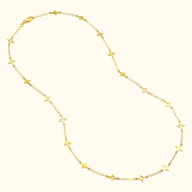 Gold necklace featuring star-shaped pendants along a delicate chain.