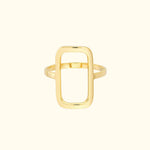 Sleek gold ring with a rectangular centerpiece and a minimalist design.