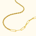 Two gold necklaces intertwined, one twisted rope design and one link chain style.