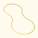 Golden chain necklace featuring alternating paperclip and twisted links.
