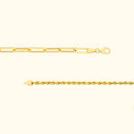 Two gold bracelets displayed on a light background; one is flat and link-style, the other is twisted.