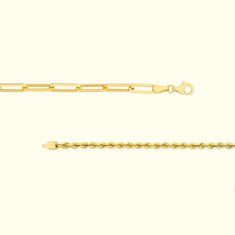 Two gold bracelets displayed on a light background; one is flat and link-style, the other is twisted.