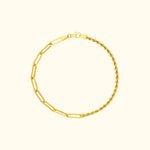 Gold bracelet with a mix of geometric links and twisted design.