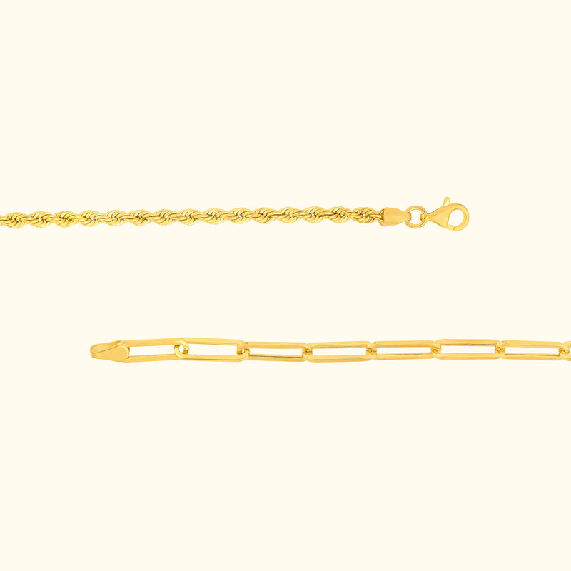 Two gold bracelets: one braided and one link style, displayed against a light background.