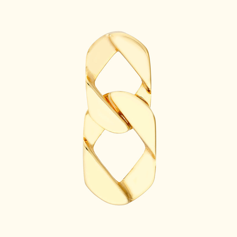 Two interlocking gold rings with a modern design against a light background.