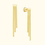 Gold tassel earrings with three delicate chains hanging from a rectangular post.
