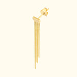 Gold dangling earrings with three slender chain-like tassels.
