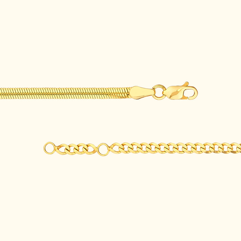 Two gold chains displayed, one with a clasp and one with a simple link design.
