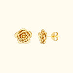 Gold rose stud earrings with intricate petal detailing.
