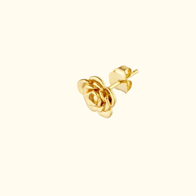 Gold rose-shaped stud earring with delicate petal details.