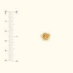 Delicate gold rose pin with layered petals on a light background, with a ruler for scale.