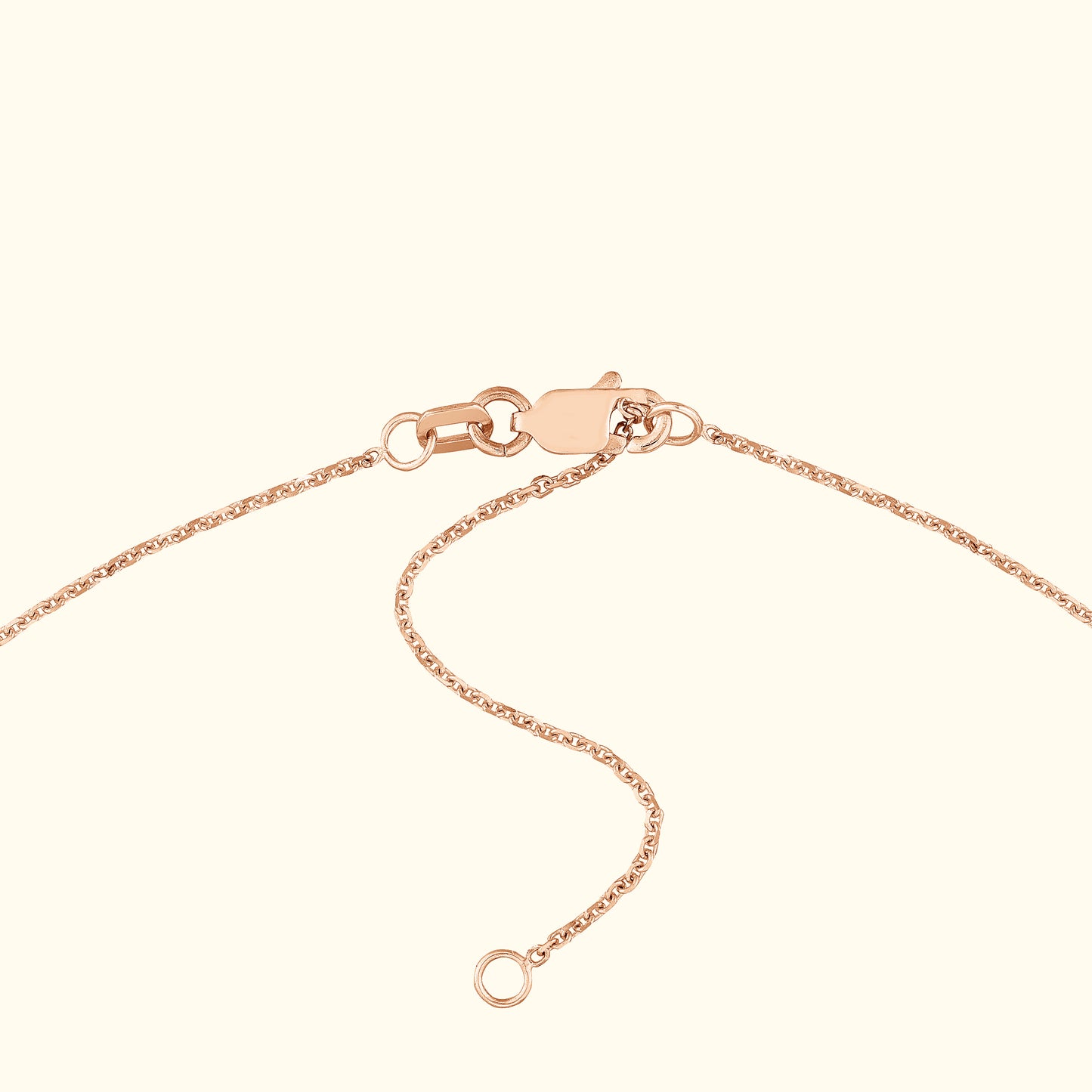 Rose gold chain necklace with a secure clasp and adjustable length.