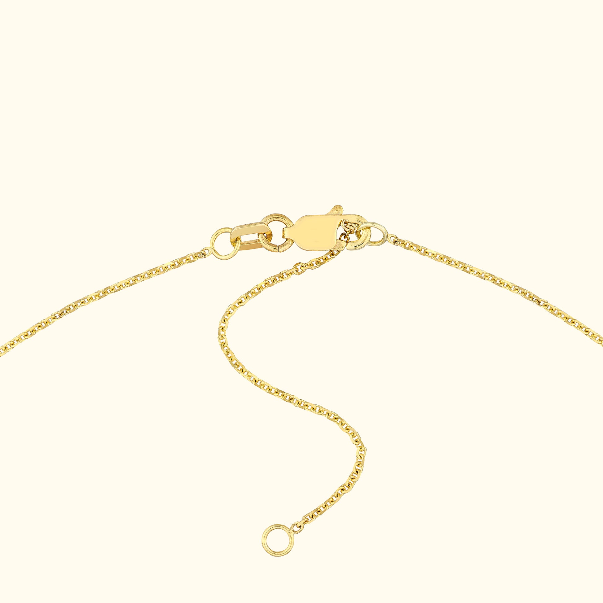 Close-up of a gold chain necklace with a clasp and adjustable length.