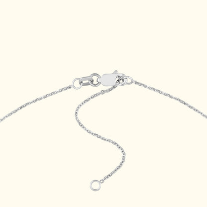 Close-up of a silver necklace clasp with a delicate chain.