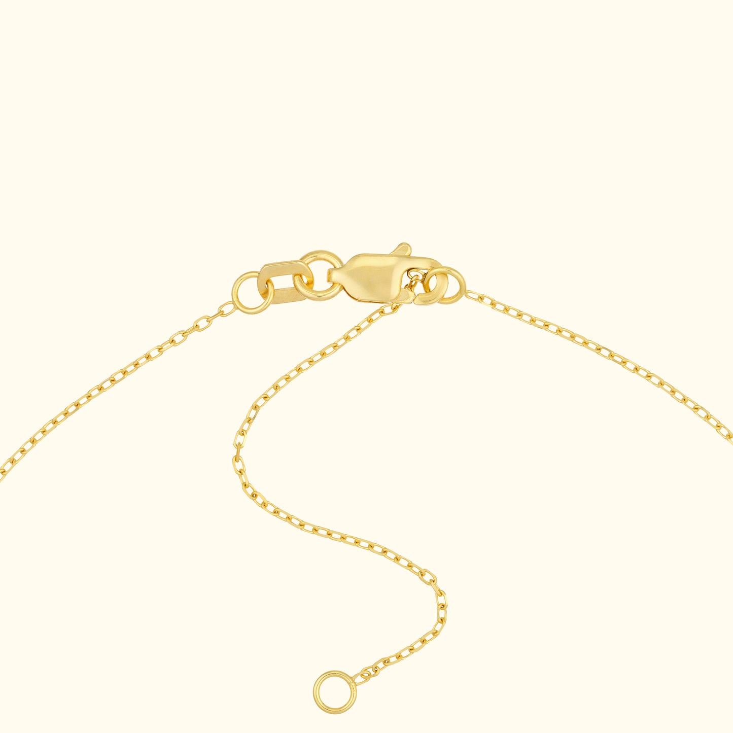 Close-up of a gold necklace clasp with a thin chain.