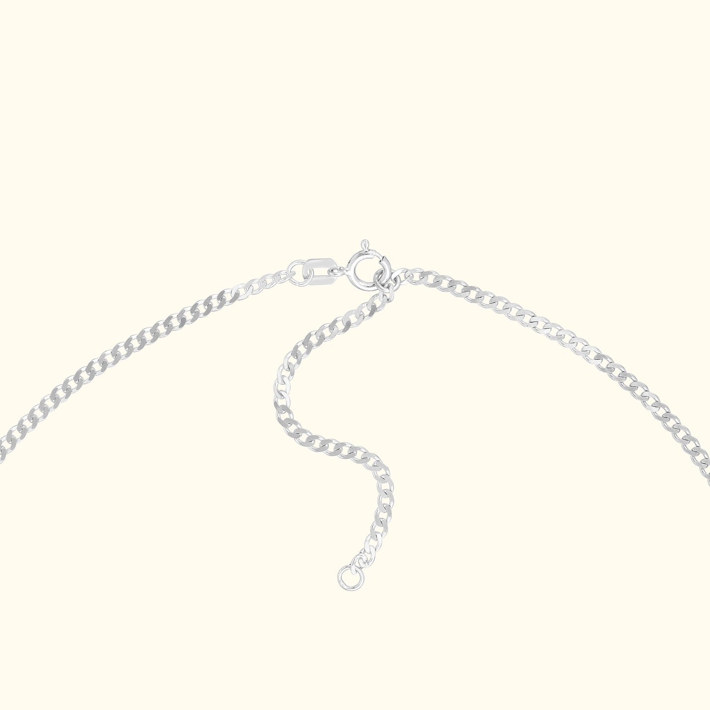 Silver chain necklace with a clasp and a loose end segment.