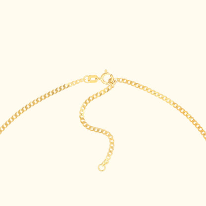 Gold chain necklace with a clasp, showcasing a twisted design.