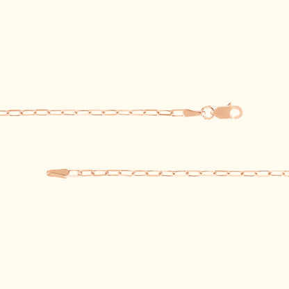 Delicate rose gold chain necklace with a simple clasp and elongated links.